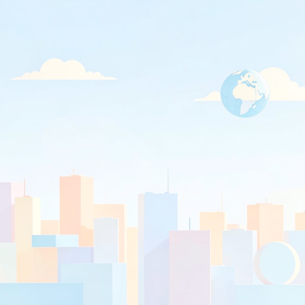A bright, airy illustration of a soft pastel city skyline with a pale blue sky and a stylized globe, rendered in light pastels