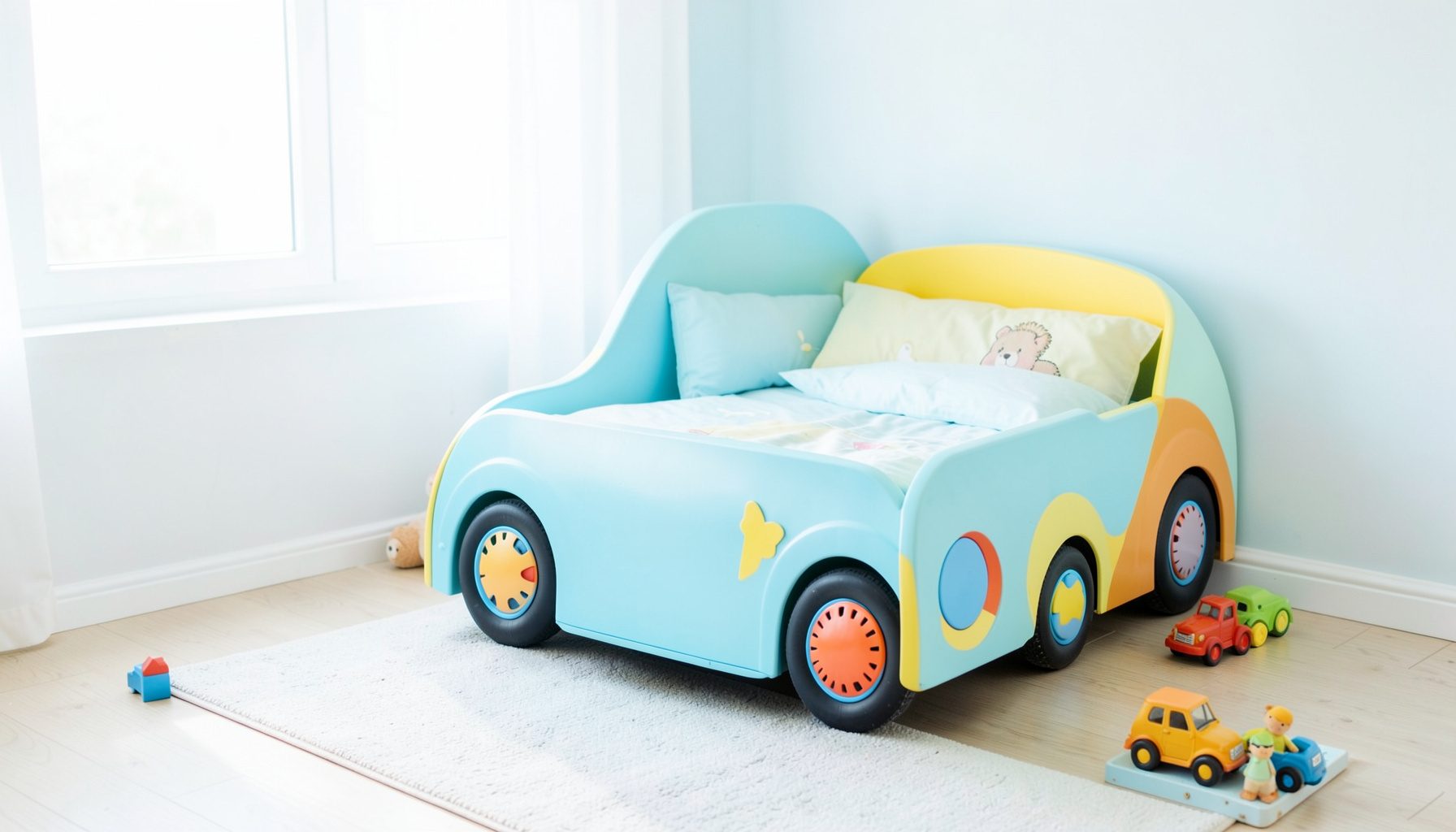 A kids' bed display area with a playful bed shaped like a car, bright primary colors, and toy accents