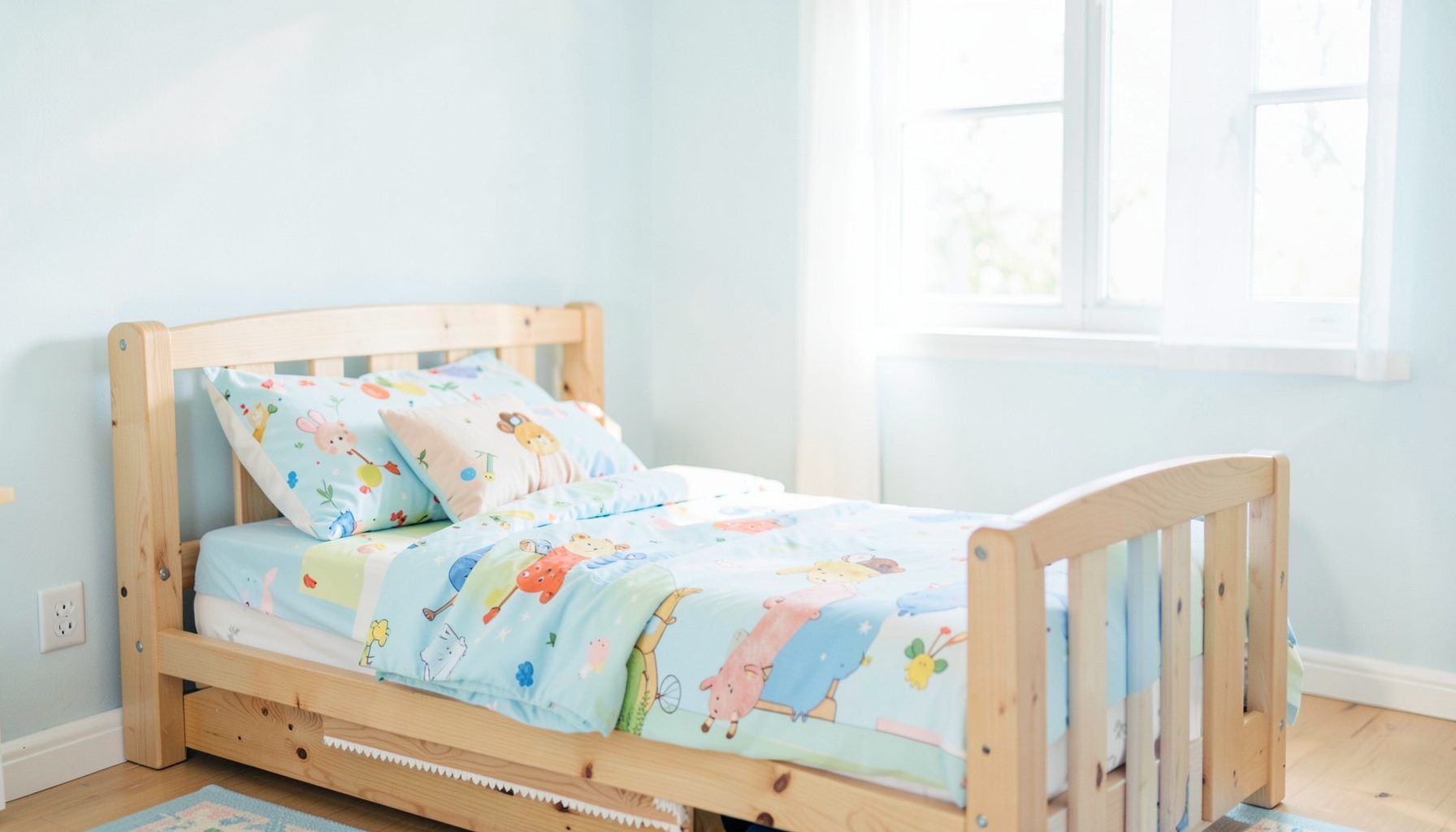 A cheerful children's bedroom with colorful bedding, a wooden bed frame, and soft morning sunlight