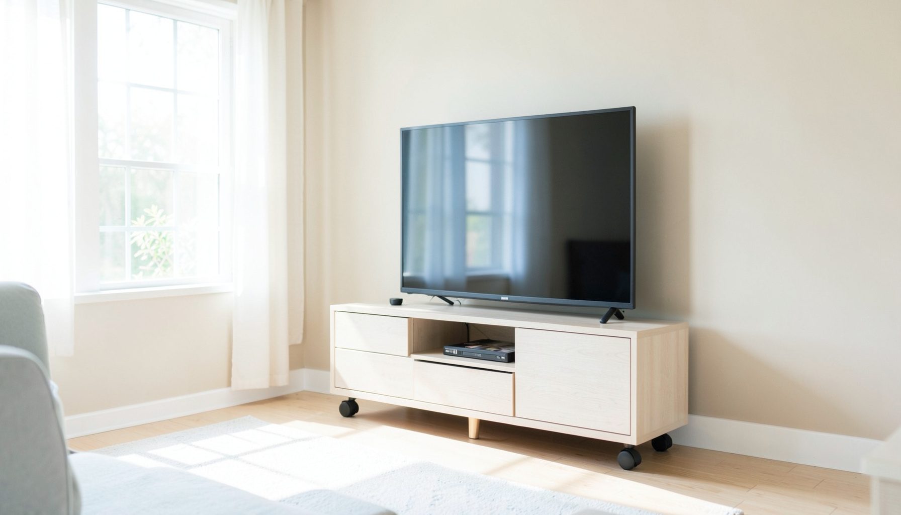 A bright living room with a movable TV stand on casters, beige walls, and soft natural light