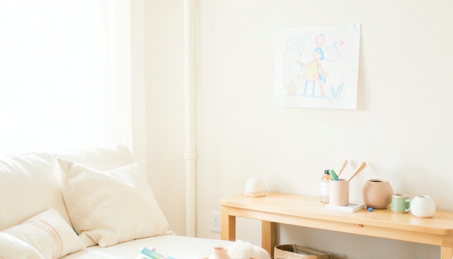Soft, sunlit living room in cream and warm beige tones, with a child's drawing pinned above a wooden shelf