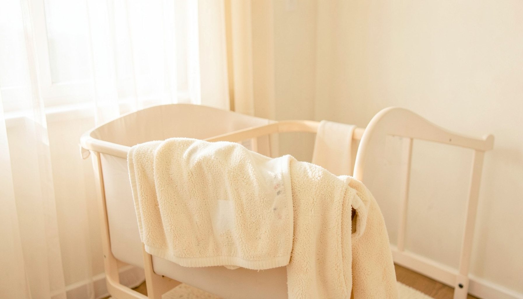 A soft, sunlit nursery corner with a pale neutral bassinet, gentle cream blankets, and warm morning light filtering through sheer curtains