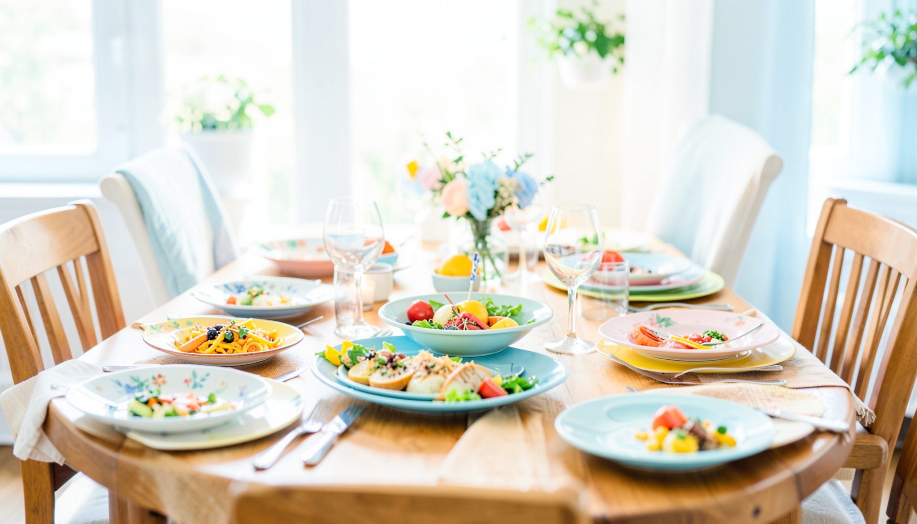 A bright, sunlit family table set with colorful dishes, warm wood tones and cheerful plates, evoking a relaxed restaurant atmosphere