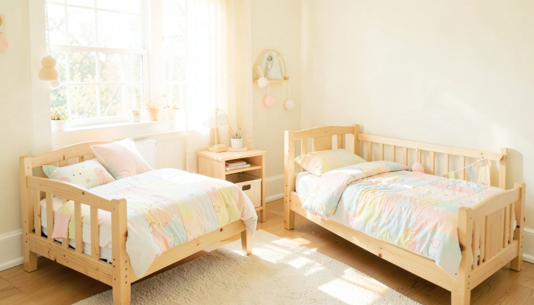 A bright, airy children's bedroom with two wooden beds, soft pastel bedding, and gentle sunlight streaming through a window